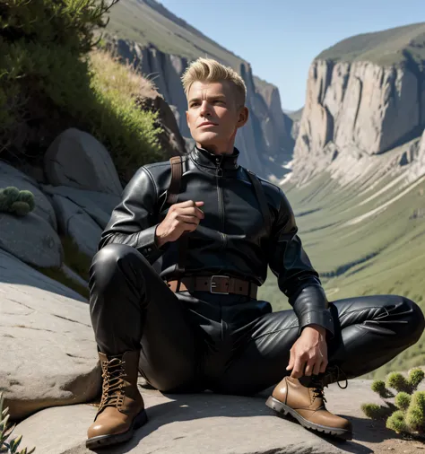 40 years old,one man,、succulent、black turtleneck shirt、black leather slim pants、Shocker Belt、Combatant、Mountain trail。Sit on a rock with your legs wide open。logic,Gay ,Blonde head、very short hair。 front succulentの大柄の男 blonde blonde American faces militar...