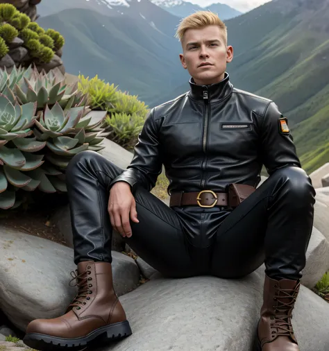 40 years old,one man,、succulent、black turtleneck shirt、black leather slim pants、Shocker Belt、Combatant、Mountain trail。Sit on a rock with your legs wide open。logic,Gay ,Blonde head、very short hair。 front succulentの大柄の男 blonde blonde American faces militar...