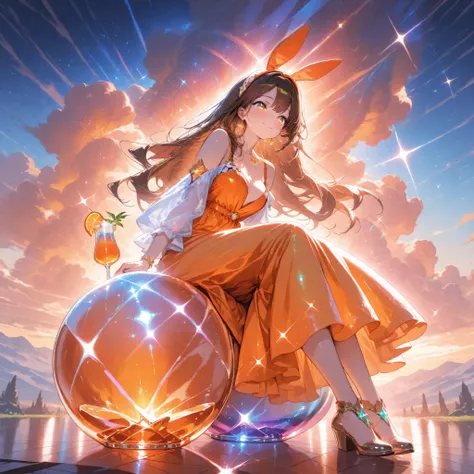 masterpiece, best quality, absurdres, highres,full body shot, one girl,Fantastic landscape ,Sparkling jewels ,Sitting and drinking a cocktail,Rabbit headband, Bright orange long dress, brown hair, Long hair,moist eyes, smile, ultra-detailed, high-quality,