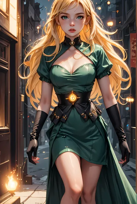 full body picture of olo female druid, intense details facial details, exquisite beauty, cleric of nature female, ((yellow hair: 1.5)), long hair, (green eyes: 1.3), armed with a fiery staff, red fire, wearing (druid combat vestments: 1.5), wearing high h...