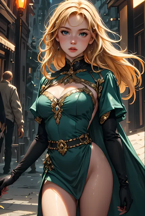 full body picture of olo female druid, intense details facial details, exquisite beauty, cleric of nature female, ((yellow hair: 1.5)), long hair, (green eyes: 1.3), armed with a fiery staff, red fire, wearing (druid combat vestments: 1.5), wearing high h...