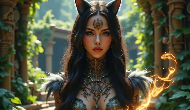 Create a cinematic, full-body portrait of Thalra, an alien alpha warrior, standing confidently in a lush, mysterious jungle clearing near her community’s encampment. Incorporate the facial design and cat-like ears inspired by the reference image—featuring ...