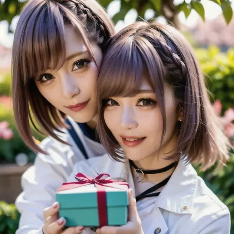 A breathtakingly beautiful 20-year-old woman stands in a lush park filled with cherry blossoms in full bloom beneath a clear blue sky. She wears a classic sailor uniform and gently holds a small, neatly wrapped gift box adorned with a red ribbon. Her radia...