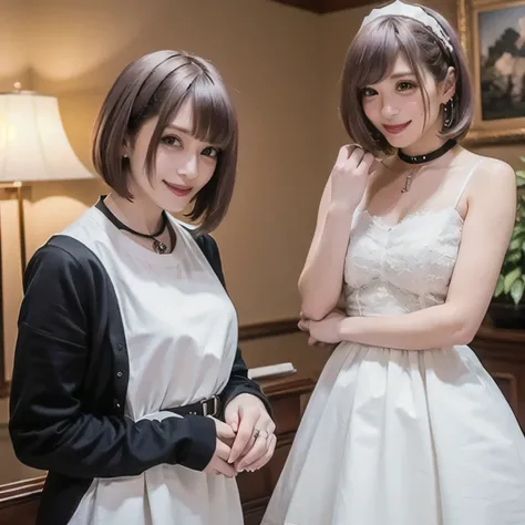 A breathtakingly beautiful 20-year-old woman stands in an opulent mansion room, dressed in a classic black-and-white maid outfit with a short hem and a white brim cap. Her confident smile radiates warmth. The room features elegant furnishings and decor bef...