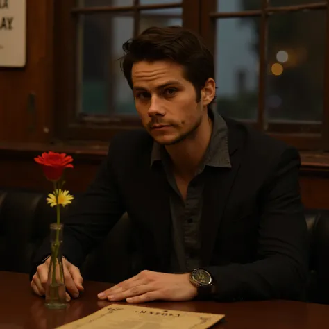 A tired handsome man sits in an old cafe in the evening, he has five fingers, there is a vase with one flower on the table and a shabby menu on the table, clear facial features, detailed image, realistic, real, realistic facial features, realistic photogra...