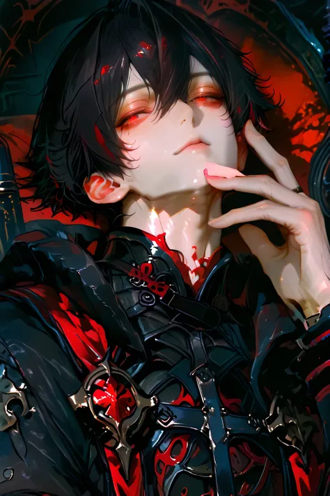 masterpiece, best quality, (Detailed Eyes: 1.2), boy, fantasy, red eye, black hair, semi realistic, black medieval suit with crimson color accessories, looking at viewer, emotionless face, solo character, resting him chin on the right hand