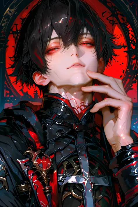 masterpiece, best quality, (Detailed Eyes: 1.2), boy, male, fantasy, red eye, black hair, semi realistic, black medieval suit with crimson color accessories, looking at viewer, emotionless face, solo character, resting him chin on the right hand