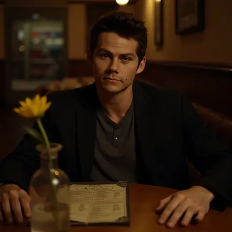 A tired handsome man sits in an old cafe in the evening, he has five fingers, there is a vase with one flower on the table and a shabby menu on the table, clear facial features, detailed image, realistic, real, realistic facial features, realistic photogra...
