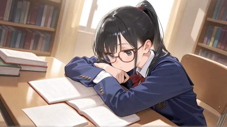 literature girl school black hair ponytail glasses blazer schoolgirl 1girl note_and_pen