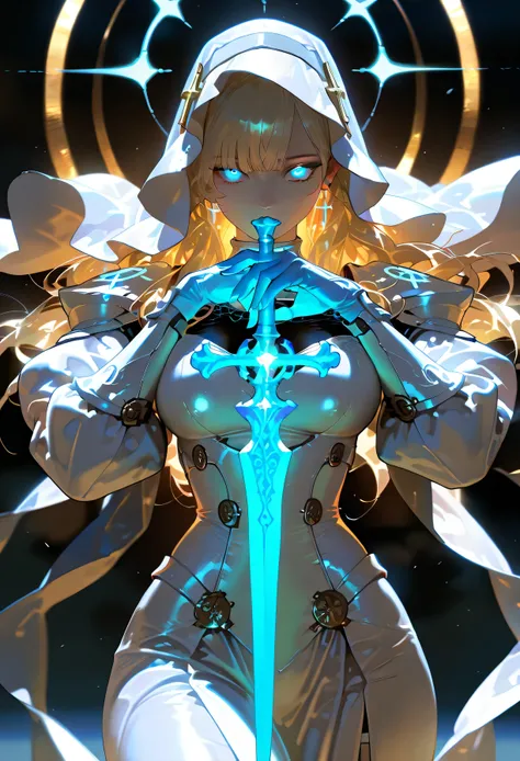 masterpiece, high quality, 4K HD, very aesthetic, 1 girl, blonde, long hair, nun, big breasts, dark background, photorealistic, free pose, blue glowing eyes, front bangs, (slim waist), wide hips, white-black habit, holding a sword with two hands, white arm...