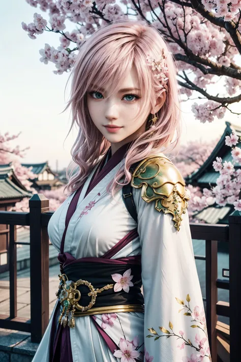 lightning,FF13,Beautiful pink blond long hair, Beautiful curly hair ,beautiful emerald green eyes,PINK LIPS,white skin,in a sakura-colored kimono studded with beautiful gold leaf,smile,Ultra HD,super quality,masterpiece,DSLRs wearing the law,photorealistic...