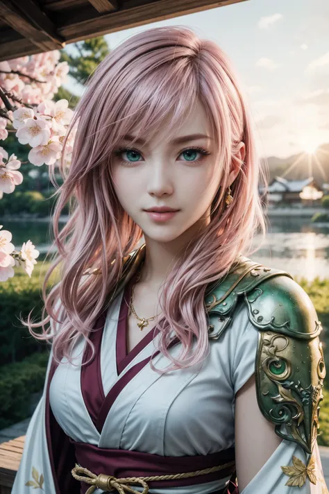lightning,FF13,Beautiful pink blond long hair, Beautiful curly hair ,beautiful emerald green eyes,PINK LIPS,white skin,in a sakura-colored kimono studded with beautiful gold leaf,smile,Ultra HD,super quality,masterpiece,DSLRs wearing the law,photorealistic...