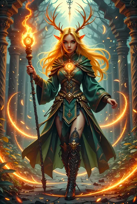 full body picture of olo female druid, intense details facial details, exquisite beauty, cleric of nature female, ((yellow hair: 1.5)), long hair,  (green eyes: 1.3), armed with a fiery staff, red fire, wearing (druid combat vestments: 1.5), wearing high h...