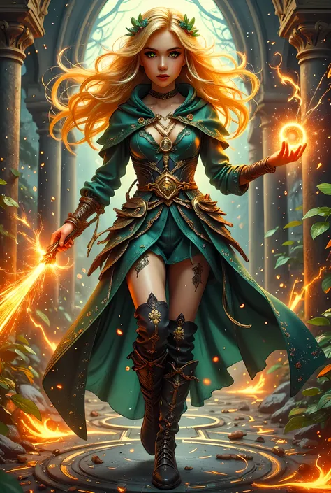 full body picture of olo female druid, intense details facial details, exquisite beauty, cleric of nature female, ((yellow hair: 1.5)), long hair,  (green eyes: 1.3), armed with a fiery staff, red fire, wearing (druid combat vestments: 1.5), wearing high h...