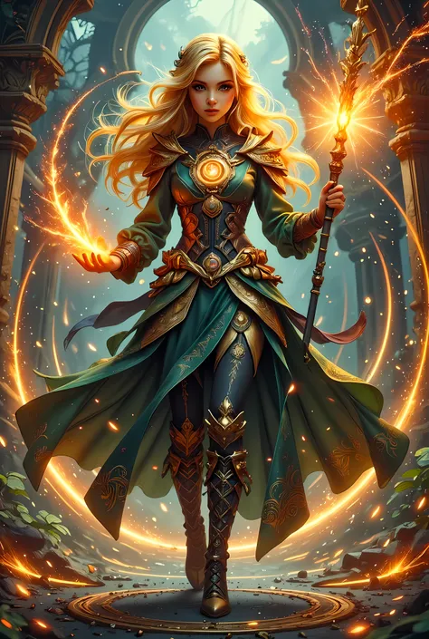 full body picture of olo female druid, intense details facial details, exquisite beauty, cleric of nature female, ((yellow hair: 1.5)), long hair,  (green eyes: 1.3), armed with a fiery staff, red fire, wearing (druid combat vestments: 1.5), wearing high h...