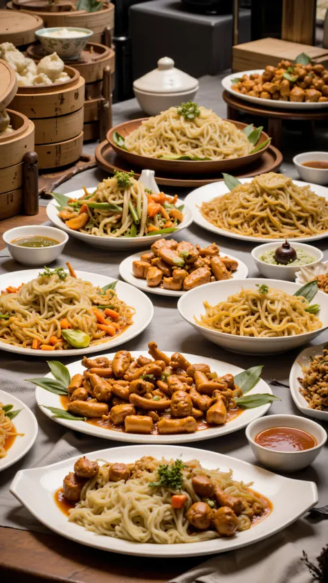 Make a photos of China foods at the table, 4K, Studio Quality, Close Up, Detailed. Realistic. 