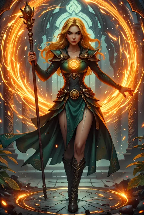 full body picture of olo female druid, intense details facial details, exquisite beauty, cleric of nature female, ((yellow hair: 1.5)), long hair,  (green eyes: 1.3), armed with a fiery staff, red fire, wearing (druid combat vestments: 1.5), wearing high h...