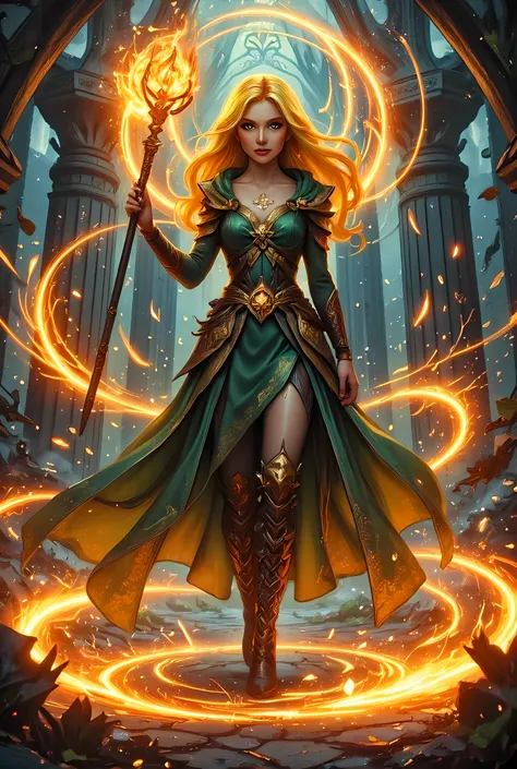 full body picture of olo female druid, intense details facial details, exquisite beauty, cleric of nature female, ((yellow hair: 1.5)), long hair,  (green eyes: 1.3), armed with a fiery staff, red fire, wearing (druid combat vestments: 1.5), wearing high h...
