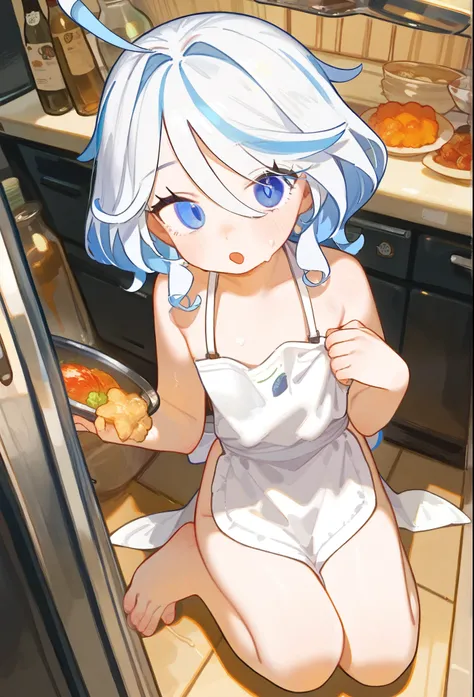 best quality，ultra-high definition， masterpiece，high res，furina，kitchen，sitting on the ground，nude，Wear an apron，