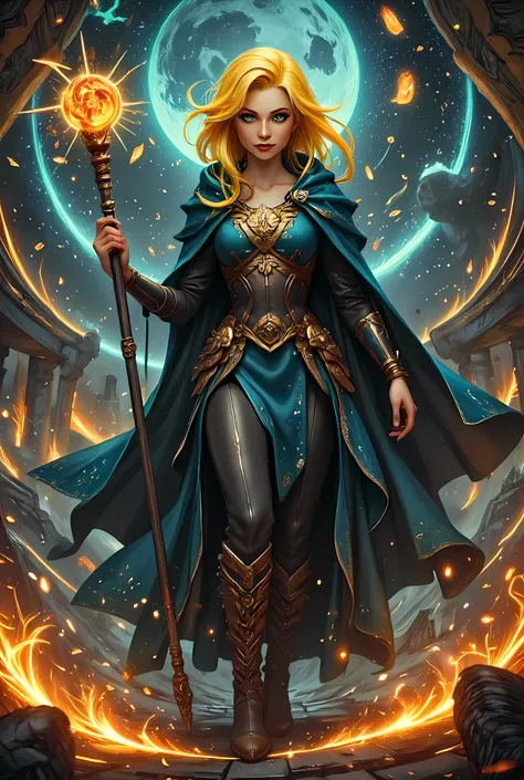 full body picture of olo female druid, intense details facial details, exquisite beauty, cleric of nature female, ((yellow hair: 1.5)), long hair,  (green eyes: 1.3), armed with a fiery staff, red fire, wearing (druid combat vestments: 1.5), wearing high h...
