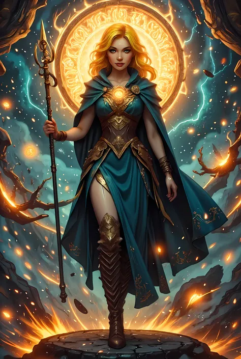 full body picture of olo female druid, intense details facial details, exquisite beauty, cleric of nature female, ((yellow hair: 1.5)), long hair,  (green eyes: 1.3), armed with a fiery staff, red fire, wearing (druid combat vestments: 1.5), wearing high h...