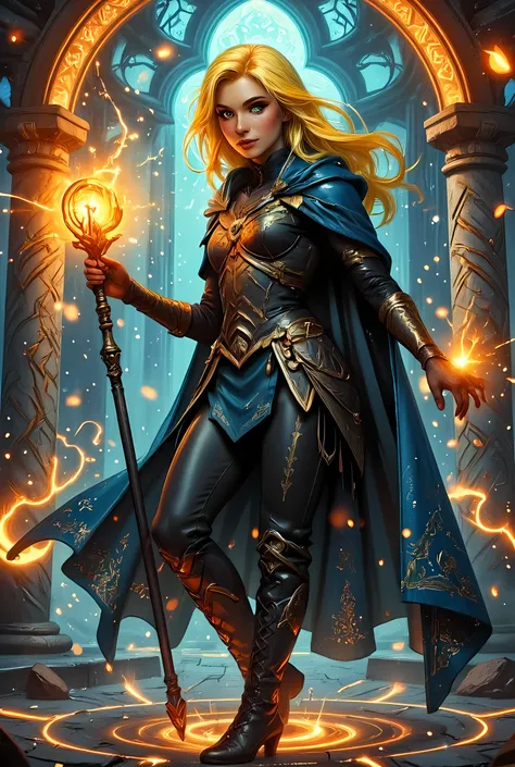 full body picture of olo female druid, intense details facial details, exquisite beauty, cleric of nature female, ((yellow hair: 1.5)), long hair,  (green eyes: 1.3), armed with a fiery staff, red fire, wearing (druid combat vestments: 1.5), wearing high h...