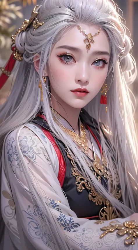 photorealistic, high resolution, Female 1, hip up, hip up, Beautiful Eyes, long hair, puffy eyes, jewelry, Tattoo, Hanfu, Chinese generals , white hair