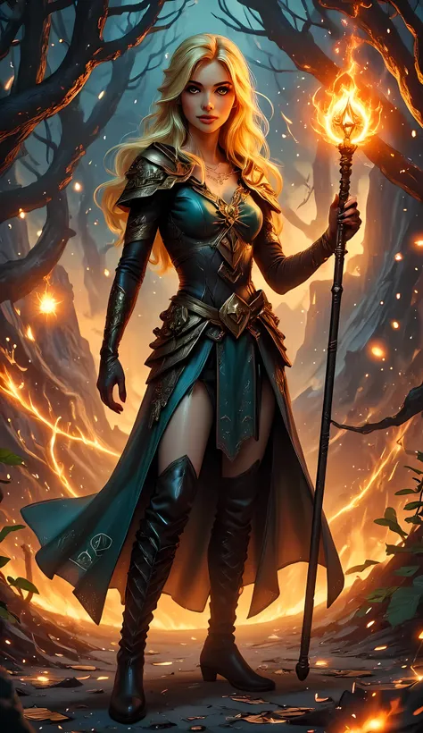 full body picture of olo female druid, intense details facial details, exquisite beauty, cleric of nature female, ((yellow hair: 1.5)), long hair,  (green eyes: 1.3), armed with a fiery staff, red fire, wearing (druid combat vestments: 1.5), wearing high h...
