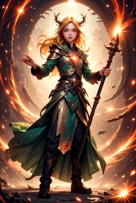 full body picture of olo woman druid, intense details facial details, exquisite beauty, cleric of nature female, ((yellow hair: 1.5)), long hair,  (green eyes: 1.3), armed with a fiery staff, red fire, wearing (druid combat vestments: 1.5), wearing high he...