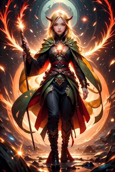 full body picture of olo woman druid, intense details facial details, exquisite beauty, cleric of nature female, ((yellow hair: 1.5)), long hair,  (green eyes: 1.3), armed with a fiery staff, red fire, wearing (druid combat vestments: 1.5), wearing high he...