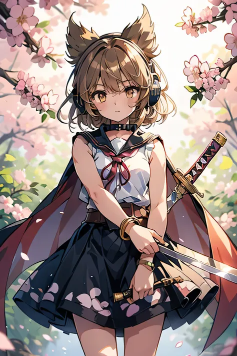 1girl, Toyosatomimi no Miko (Touhou), yellow_eyes, blonde_hair, brown_hair, light_brown_hair, short_hair, pointy_hair, bangs, headphones, earmuffs, black_sailor_collar, sleeveless_shirt, purple_skirt, black_belt, sheath, purple_cape, sword, holding_sword, ...