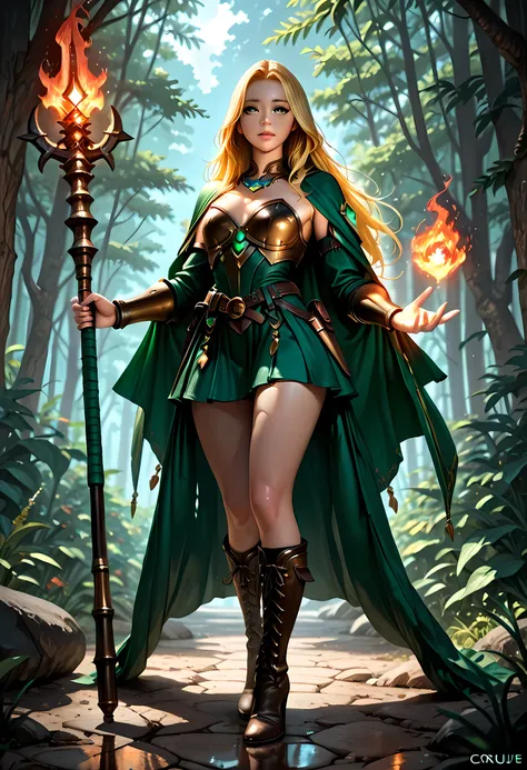 full body picture of olo woman druid, intense details facial details, exquisite beauty, cleric of nature female, ((yellow hair: 1.5)), long hair,  (green eyes: 1.3), armed with a fiery staff, red fire, wearing (druid combat vestments: 1.5), wearing high he...