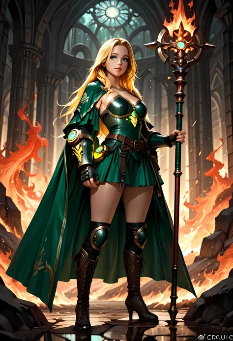 full body picture of olo woman druid, intense details facial details, exquisite beauty, cleric of nature female, ((yellow hair: 1.5)), long hair,  (green eyes: 1.3), armed with a fiery staff, red fire, wearing (druid combat vestments: 1.5), wearing high he...