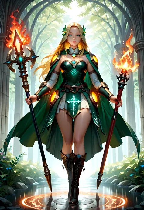 full body picture of olo woman druid, intense details facial details, exquisite beauty, cleric of nature female, ((yellow hair: 1.5)), long hair, (green eyes: 1.3), armed with a fiery staff, red fire, wearing (druid combat vestments: 1.5), wearing high he...