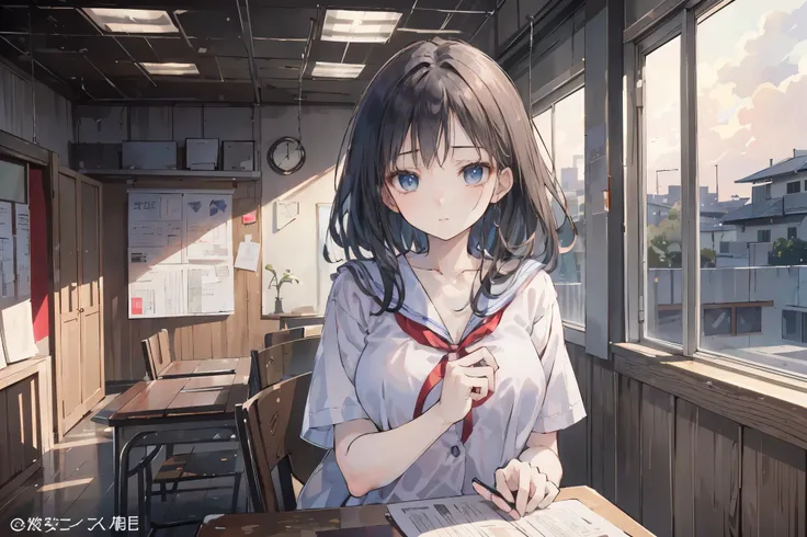 masterpiece, best quality, highly detailed, soft shading, cinematic lighting, beautiful composition, 8k, anime illustration, sunset light filtering through window, A Japanese high school girl sitting alone by the window in an empty classroom after school. ...