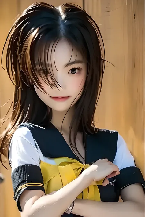 realistic、real、natural details、detailed down to the smallest detail、high definition、Japanese、natural proportions、one high school girl holding her wrist、((Small face 1.3))、((Hide your face with your hair1.8))、((to hide your face with lots of bangs2.0))、((前H...