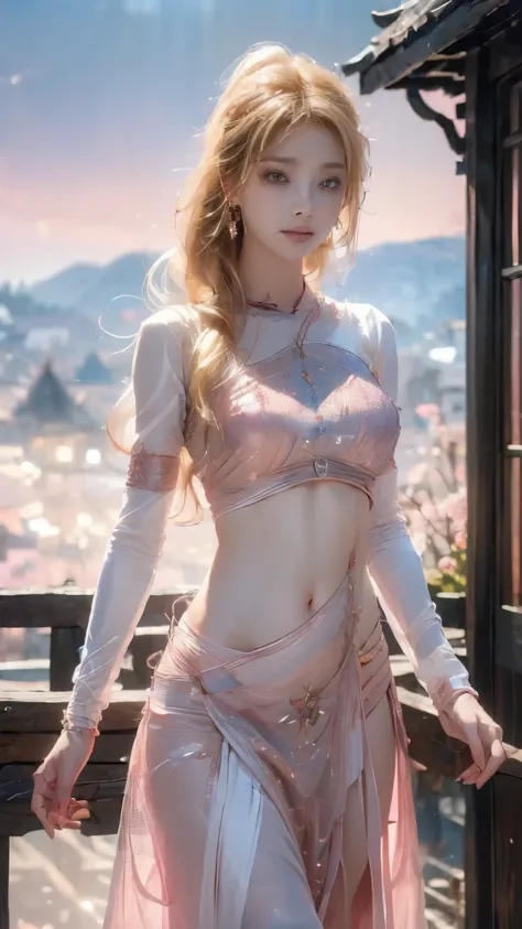 8K, UHD, Masterpiece:1.5, young girl, ((perfect Anatomy)), ((blonde skin)), good face, detailed eyes, very long hair,((gradient black hair)), ((thread fantasy:1.5)), (((Thread cut filibeg))) ((pink Thread grid)), ((thread grid)), ((navel)), ((grid lacing))...