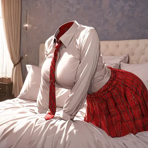 (invisible:1.5, no humans:1.5, headless:1.5, faceless:1.5), (pajana, red check tie, sleeping on bed:1.2), (big breast), (best quality, masterpiece:1.2), detailed cloth texture, detailed anime, illust, leaning forward