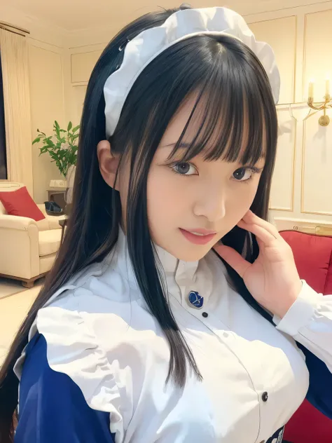 (((black hair long straight hair)))、(((blue and white edwardian maid outfitを着た女の子))) blue and white edwardian maid dress blue and white edwardian maid outfit Girl in Japan maid outfit blue and white gothic maid outfit blue and white edwardian maid outfitの...