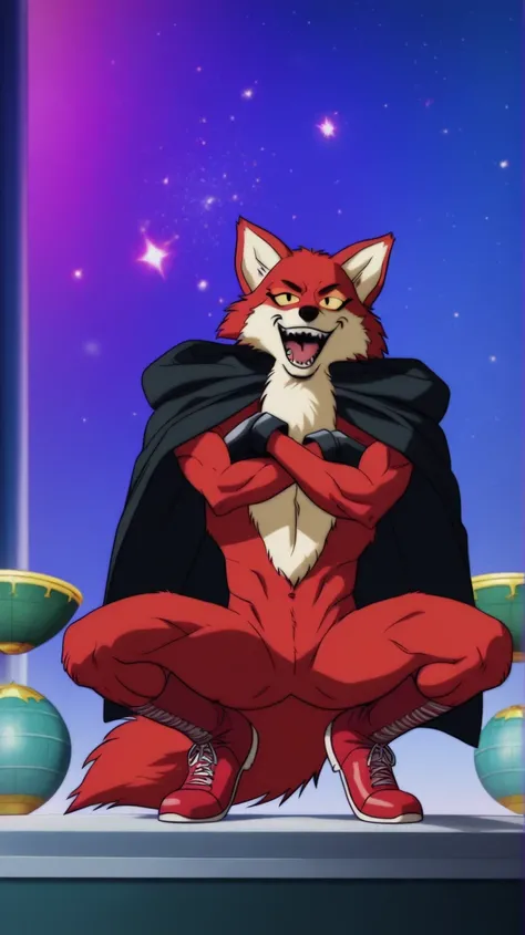 score_9, score_8_up, score_7_up, Just a boy, expressive, Makeup for girls Basil DBS, yellow sclera,     Red body,     red fur, lobo, , black gloves,  black nose , lobo ears, sharp teeth, fangs,  hairy, anthropomorphic), fondo gradiente azul con stars , spa...