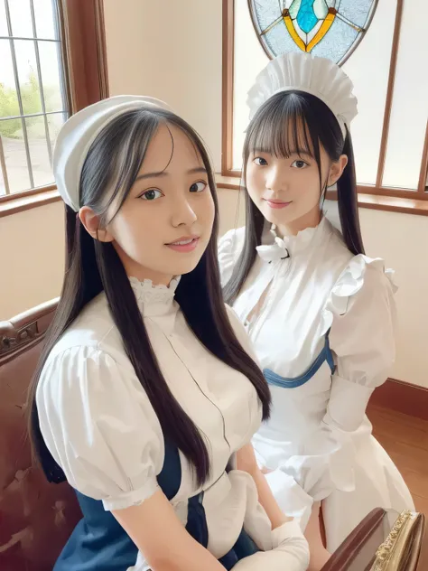 (((black hair long straight hair)))(((blue and white edwardian maid outfitを着た女の子が一人))) blue and white edwardian maid dress blue and white edwardian maid outfit Girl in Japan maid outfit blue and white gothic maid outfit blue and white edwardian maid outfi...