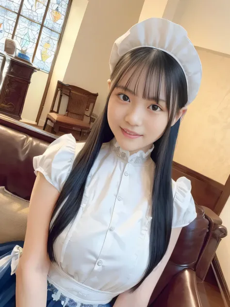 (((black hair long straight hair)))(((blue and white edwardian maid outfitを着た女の子が一人3.0))) blue and white edwardian maid dress blue and white edwardian maid outfit Girl in Japan maid outfit blue and white gothic maid outfit blue and white edwardian maid ou...