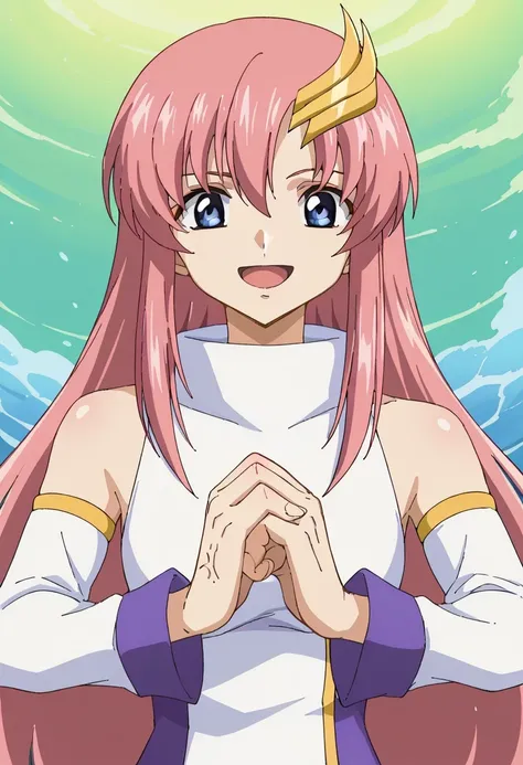 score core 8 up、score 7 up、score 6 up、score 5 up、score 4 up、anime coloring、source anime、masterpiece、Best Quality、high resolution、1 girl、、lacusmeer、solo、pink hair、long hair、straight hair、blue eyes、 wave hair ornament、gold hair ornament 、s1dress、white dress、...