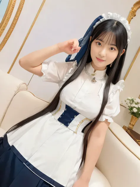 (((black hair long straight hair)))、(((blue and white edwardian maid outfitを着た女の子))) blue and white edwardian maid dress blue and white edwardian maid outfit Girl in Japan maid outfit blue and white gothic maid outfit blue and white edwardian maid outfitの...