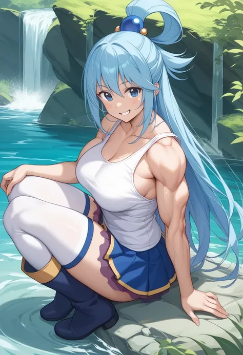 score 9 、score 8 up、score 7 up、source anime、masterpiece、Best Quality、high resolution、1girl、aqua Kono Subarashii Sekai ni Shukufuku wo!、:d、woman's focus、solo、Blue Hair、long hair、blue eyes、Hair ornamemt 、hair rings、(Pure white tank top:1.5)、trapezius、deltoid...