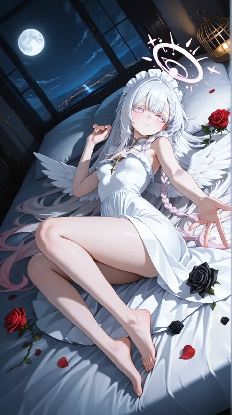 anime style、VERY DETAILED EYES, evangelizing eyes, Beautiful Girl, white background, 精致beautiful面容和眼睛, Deep Eye Shadow , White Ribbon,Lolita headdress , pink eyes, white eyelash 女孩, 淡pink eyes, White hair,  Very long low double twist braid with white and p...