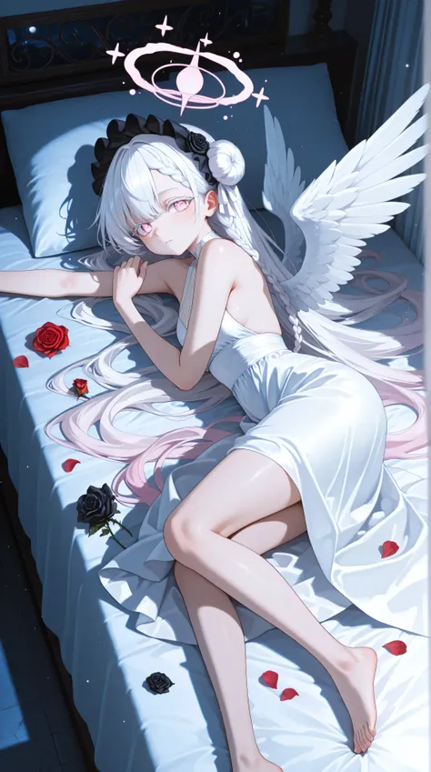 anime style、VERY DETAILED EYES, evangelizing eyes, Beautiful Girl, white background, 精致beautiful面容和眼睛, Deep Eye Shadow , White Ribbon,Lolita headdress , pink eyes, white eyelash 女孩, 淡pink eyes, White hair,  Very long low double twist braid with white and p...