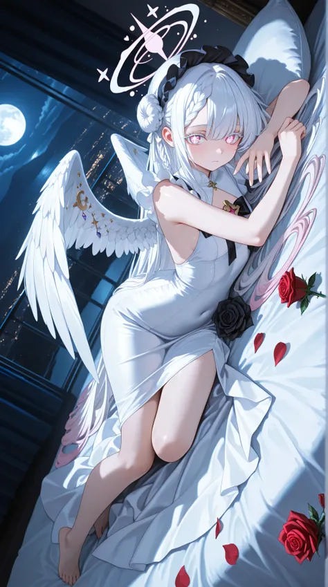 anime style、VERY DETAILED EYES, evangelizing eyes, Beautiful Girl, white background, 精致beautiful面容和眼睛, Deep Eye Shadow , White Ribbon,Lolita headdress , pink eyes, white eyelash 女孩, 淡pink eyes, White hair,  Very long low double twist braid with white and p...