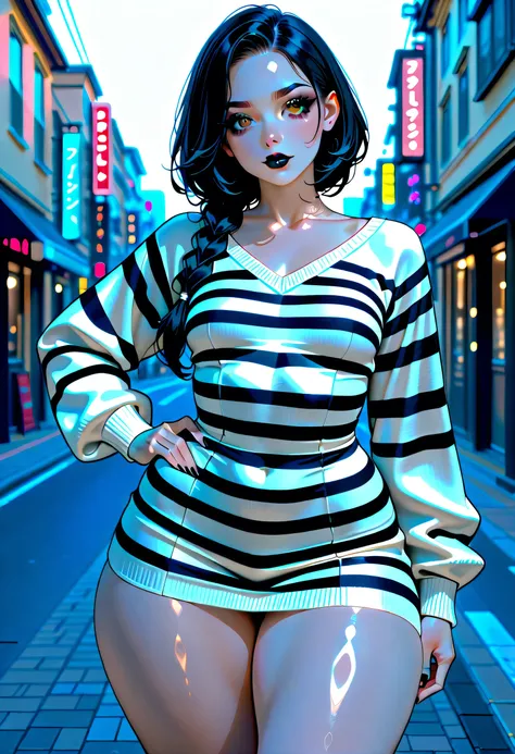 on street, perfect face, braided side ponytail, black hair, black eyebrows, thin eyebrows, big eyes, brown eyes, black eyelashes, black eyeliners, full lipstick, beautiful woman, (striped sweater dress), (black striped), (white sweater dress long), collarb...