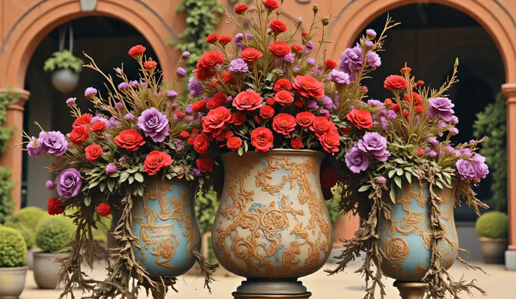 "意大利手工彩绘陶盆群组,混植天竺葵(Pelargonium hortorum)、矮牵牛(Petunia hybrida)与银叶菊(Senecio cineraria),形成红紫银三色波浪状溢出效果。午后阳光透过铸铁花架形成菱形光斑。35mm F2.5,色彩算法 color_spill=0.8 ,光影参数 lace_shadow=0.6 。"